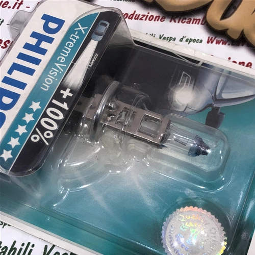 Bombilla halógena PHILIPS H1 X-TREME VISION de 12 voltios y 55 vatios con cristal de cuarzo, casquillo P 14.5 S. Ref. Philips: 12258BVUB1 FARO DELANTERO