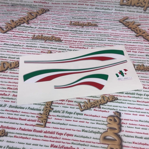 Kit serie fregi adesivi targhette per GIOCATTOLO cavalcabile elettrica 12v per bambini VESPA PX 125 150 200 Celebrazione 150° Anniversario Anniversary Unità d'Italia