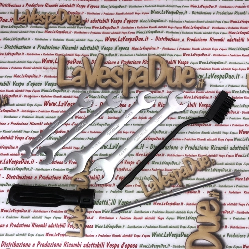 Kit de herramientas de 6 piezas para VESPA 50 90 125 150 160 180 200: bolsa, destornillador, cepillo, llave inglesa, mantenimiento de emergencia para reparaciones rápidas.