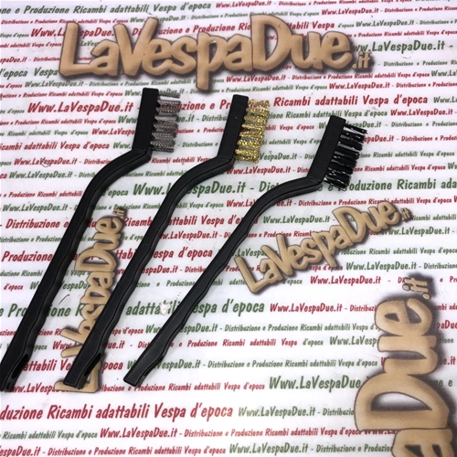Set of 3 7" Brass Nylon and Stainless Steel Brushes for cleaning, removing rust, paint and dirt for various applications, cleaning spark plugs, Vespa Lambretta MotoGuzzi Motom