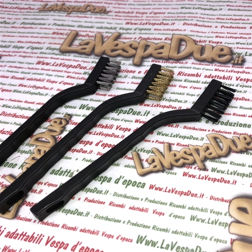 Set of 3 7" Brass Nylon and Stainless Steel Brushes for cleaning, removing rust, paint and dirt for various applications, cleaning spark plugs, Vespa Lambretta MotoGuzzi Motom