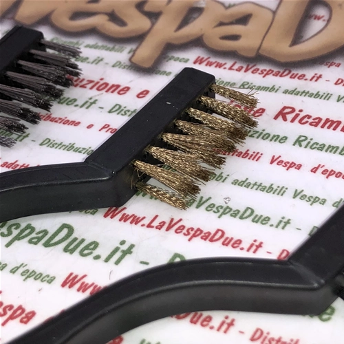 Set of 3 7" Brass Nylon and Stainless Steel Brushes for cleaning, removing rust, paint and dirt for various applications, cleaning spark plugs, Vespa Lambretta MotoGuzzi Motom