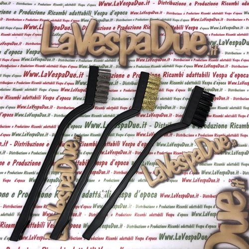 Set of 3 7" Brass Nylon and Stainless Steel Brushes for cleaning, removing rust, paint and dirt for various applications, cleaning spark plugs, Vespa Lambretta MotoGuzzi Motom