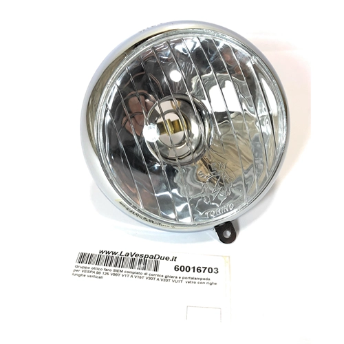 SIEM headlight optical group Ø 95 mm complete with ring frame and lamp holder for VESPA 98 125 V98T V1T A V15T V30T A V33T VU1T from 1948 to 1951 glass with long vertical lines