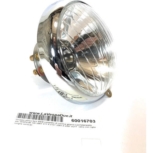 SIEM headlight optical group Ø 95 mm complete with ring frame and lamp holder for VESPA 98 125 V98T V1T A V15T V30T A V33T VU1T from 1948 to 1951 glass with long vertical lines