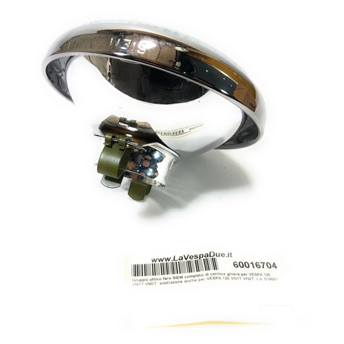 Faro SIEM de Ø 105 mm para VESPA 125 VM1T VM2T, completo con marco anular y portalámparas. También apto para VESPA 125 VN1T VN2T. Referencia: 0218087.