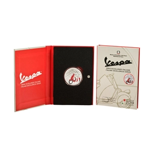Pièce de 5 euros Vespa rouge en argent 925/1000, série Excellence italienne, édition limitée à 7 000 exemplaires. Pièce de collection en argent émaillé.
