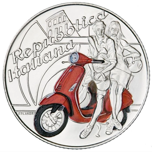 Pièce de 5 euros Vespa rouge en argent 925/1000, série Excellence italienne, édition limitée à 7 000 exemplaires. Pièce de collection en argent émaillé.