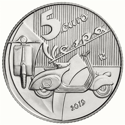 Pièce de 5 euros Vespa rouge en argent 925/1000, série Excellence italienne, édition limitée à 7 000 exemplaires. Pièce de collection en argent émaillé.