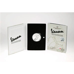 Moneda de 5 euros WHITE Vespa en plata 925‰ Serie Excelencia Italiana Edición limitada de 7.000 unidades Moneda de coleccionista de plata esmaltada