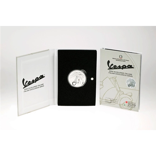 Moneda de 5 euros WHITE Vespa en plata 925‰ Serie Excelencia Italiana Edición limitada de 7.000 unidades Moneda de coleccionista de plata esmaltada
