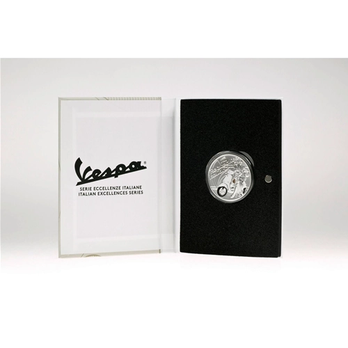 Moneda de 5 euros WHITE Vespa en plata 925‰ Serie Excelencia Italiana Edición limitada de 7.000 unidades Moneda de coleccionista de plata esmaltada
