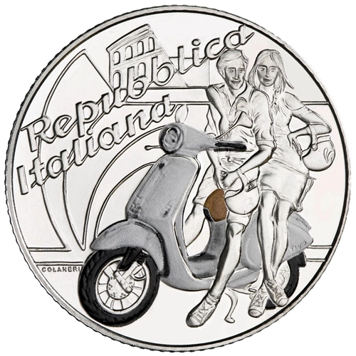 Moneda de 5 euros WHITE Vespa en plata 925‰ Serie Excelencia Italiana Edición limitada de 7.000 unidades Moneda de coleccionista de plata esmaltada