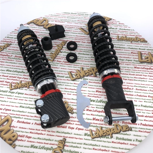 Kit de amortiguadores delanteros y traseros CARBONE HI-TECH CARBON LOOK para VESPA 80 125 150 200 PX PE ARCOBALENO T5 edición limitada de 200 piezas con precarga de muelle ajustable