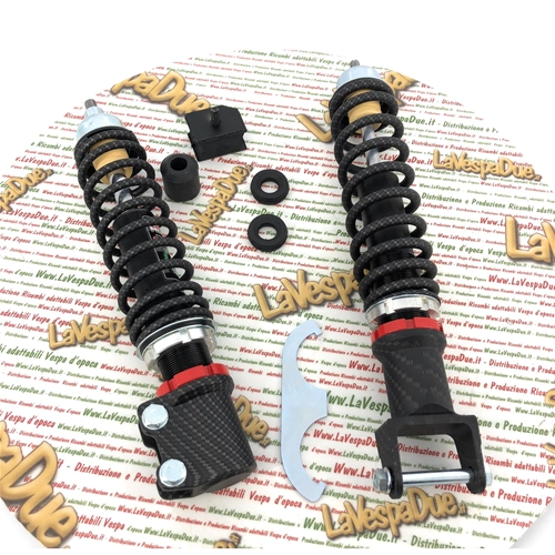 Kit de amortiguadores delanteros y traseros CARBONE HI-TECH CARBON LOOK para VESPA 80 125 150 200 PX PE ARCOBALENO T5 edición limitada de 200 piezas con precarga de muelle ajustable