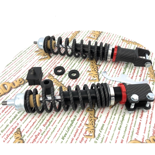Kit de amortiguadores delanteros y traseros CARBONE HI-TECH CARBON LOOK para VESPA 80 125 150 200 PX PE ARCOBALENO T5 edición limitada de 200 piezas con precarga de muelle ajustable