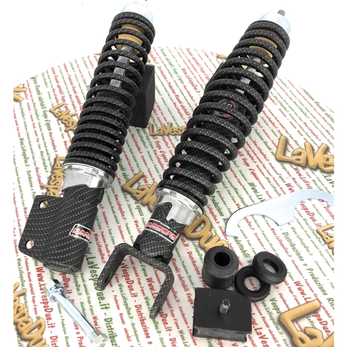 Kit de amortiguadores delanteros y traseros CARBONE HI-TECH CARBON LOOK para VESPA 80 125 150 200 PX PE ARCOBALENO, edición limitada de 200 unidades, reforzado y ajustable con 3 posiciones.