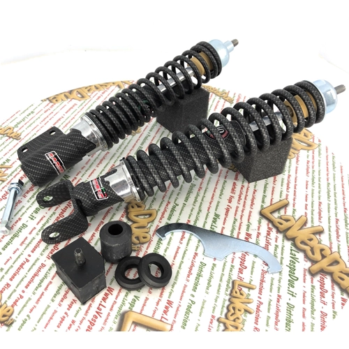 Kit de amortiguadores delanteros y traseros CARBONE HI-TECH CARBON LOOK para VESPA 80 125 150 200 PX PE ARCOBALENO, edición limitada de 200 unidades, reforzado y ajustable con 3 posiciones.