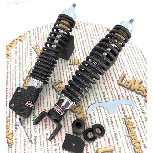 Kit de amortiguadores delanteros y traseros CARBONE HI-TECH CARBON LOOK para VESPA 80 125 150 200 PX PE ARCOBALENO, edición limitada de 200 unidades, reforzado y ajustable con 3 posiciones.