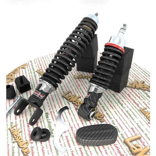 Kit de amortiguadores delanteros y traseros CARBONE HI-TECH CARBON LOOK para VESPA 50 90 125 ET3 PK NLR SPECIAL PRIMAVERA edición limitada de 200 unidades, reforzado y ajustable con 3 posiciones.