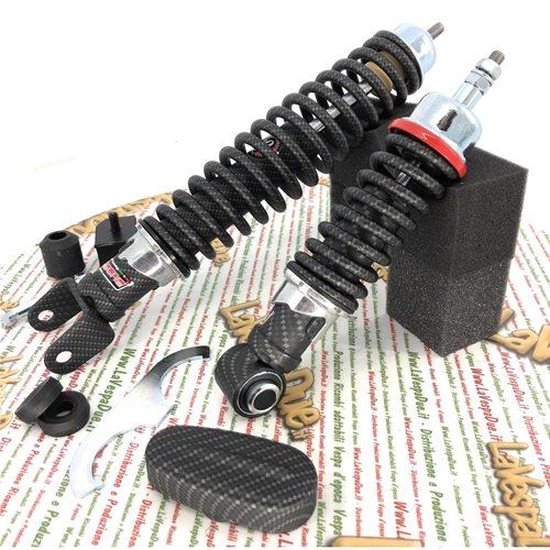 Kit de amortiguadores delanteros y traseros CARBONE HI-TECH CARBON LOOK para VESPA 50 90 125 ET3 PK NLR SPECIAL PRIMAVERA edición limitada de 200 unidades, reforzado y ajustable con 3 posiciones.