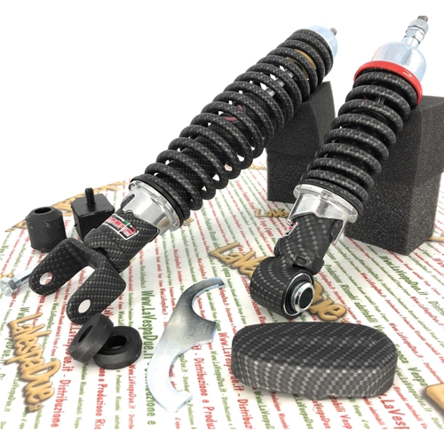Kit de amortiguadores delanteros y traseros CARBONE HI-TECH CARBON LOOK para VESPA 50 90 125 ET3 PK NLR SPECIAL PRIMAVERA edición limitada de 200 unidades, reforzado y ajustable con 3 posiciones.