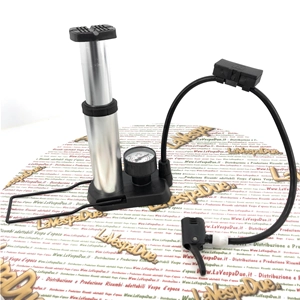Foot-operated tire pump for inflating bicycle tires, Vespas, Ape bikes, and Lambrettas.