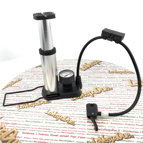 Foot-operated tire pump for inflating bicycle tires, Vespas, Ape bikes, and Lambrettas.