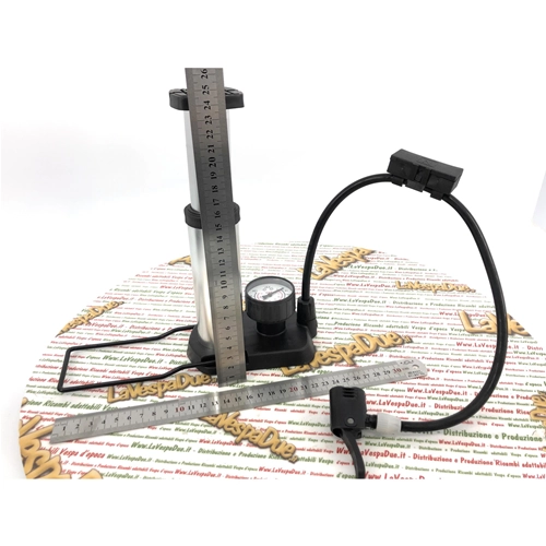 Foot-operated tire pump for inflating bicycle tires, Vespas, Ape bikes, and Lambrettas.