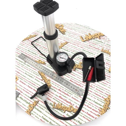 Foot-operated tire pump for inflating bicycle tires, Vespas, Ape bikes, and Lambrettas.
