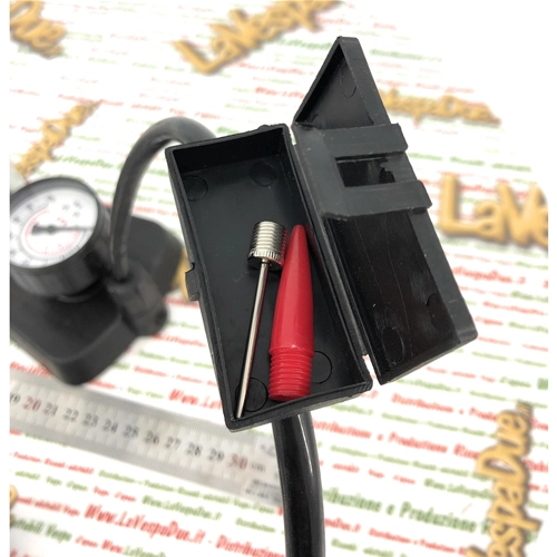 Foot-operated tire pump for inflating bicycle tires, Vespas, Ape bikes, and Lambrettas.