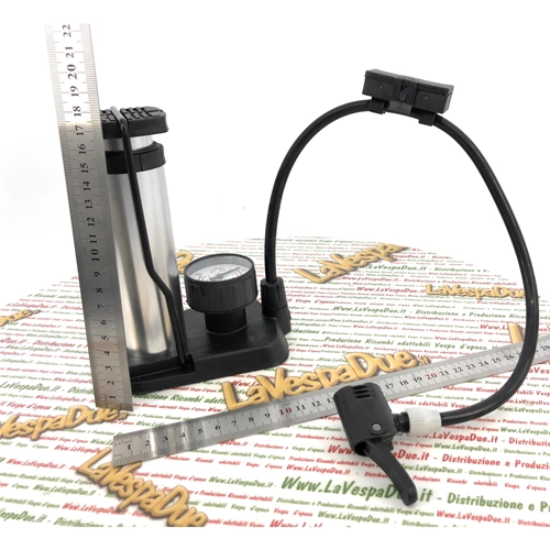 Foot-operated tire pump for inflating bicycle tires, Vespas, Ape bikes, and Lambrettas.