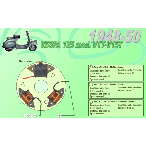 Complete kit with 3 Ceab coils for the restoration and overhaul of the flywheel stator for VESPA 125 V1T to V15T from 1948 to 1950