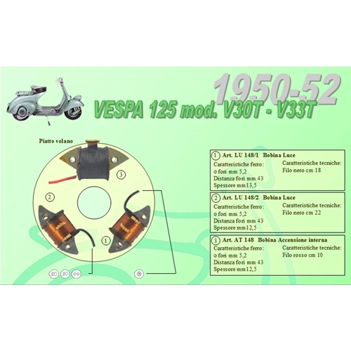 Kit complet avec 3 bobines Ceab pour la restauration et la révision du stator de volant moteur des VESPA 125 V30T à V33T de 1950 à 1952
