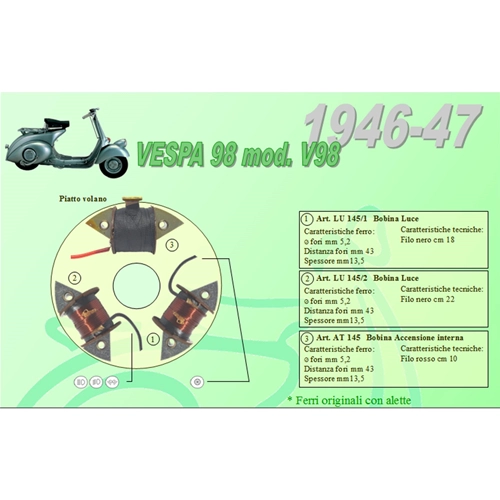 Kit complet avec 3 bobines Ceab pour la restauration et la révision du stator de volant moteur des VESPA 98 V98 de 1946 à 1947