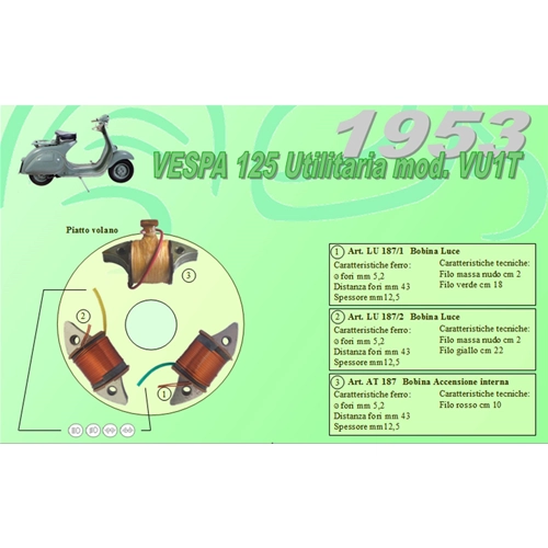 Kit complet avec 3 bobines Ceab pour la restauration et la révision du stator de la plaque de volant moteur du véhicule utilitaire Vespa 125 VU1T U (1953).