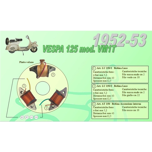 Kit completo de 3 bobinas Ceab para la restauración y revisión del estator del volante plano para VESPA 125 VM1T con faro bajo, de 1952 a 1953.