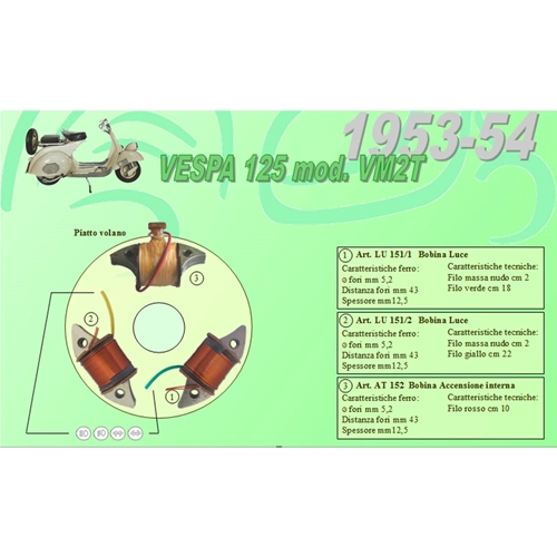 Complete kit with 3 Ceab coils for the restoration and overhaul of the flat flywheel stator for VESPA 125 VM2T low headlight from 1953 to 1954