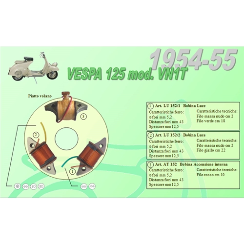 Kit completo de 3 bobinas Ceab para la restauración y revisión del estator del volante plano para VESPA 125 VN1T con faro bajo, de 1954 a 1955.