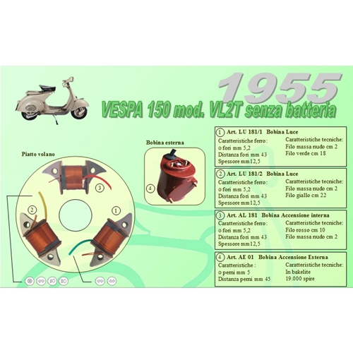 Complete kit 3 Ceab coils for restoration and overhaul of the flywheel plate stator for VESPA 150 VL2T struzzo without battery 1955