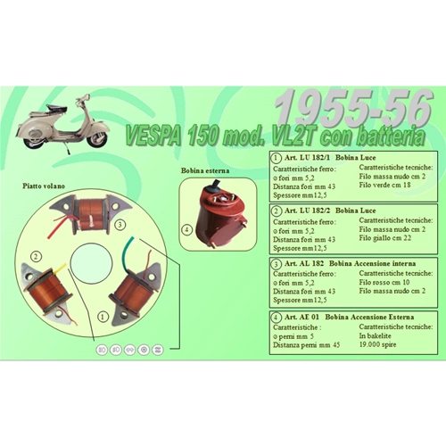 Kit completo de 3 bobinas Ceab para la restauración y revisión del estator de la placa del volante para VESPA 150 VL2T struzzo con batería 1955 1956