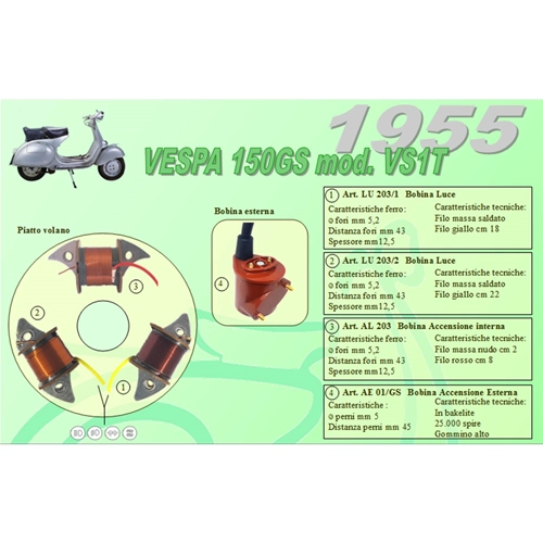 Kit complet de 3 bobines Ceab pour la restauration et la révision du stator du volant moteur pour VESPA 150 GS VS1T, câbles externes, 1955