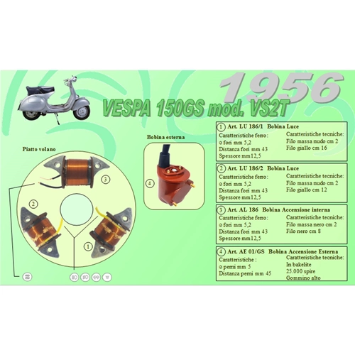 Complete kit with 3 Ceab coils for the overhaul and restoration of the flywheel stator for the Vespa 150 GS VS2T (1956).
