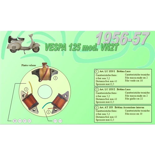 Kit complet avec 3 bobines Ceab pour la restauration et la révision du stator à volant plat pour VESPA 125 VN2T à phare bas de 1956 à 1957