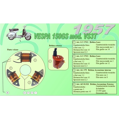 Complete kit with 3 Ceab coils for the restoration and overhaul of the flywheel stator for the VESPA 150 GS VS3T 1957
