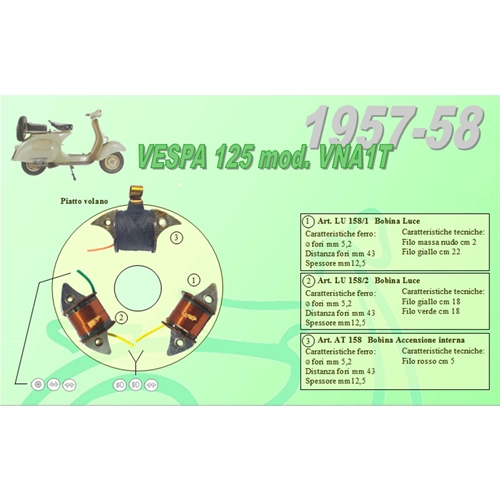 Complete kit with 3 Ceab coils for the restoration and overhaul of the flywheel stator for VESPA 125 VNA1T from 1957 to 1958