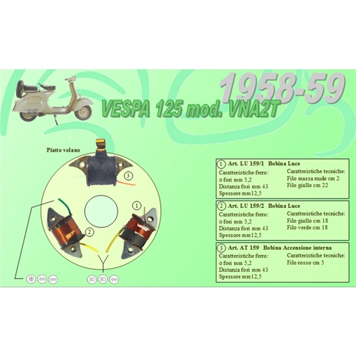 Kit completo con 3 bobinas Ceab para la restauración y revisión del estator del volante de inercia de la VESPA 125 VNA2T de 1958 a 1959.