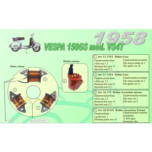 Kit complet avec 3 bobines Ceab pour la révision et la restauration du stator de volant moteur de la Vespa 150 GS VS4T (1958).