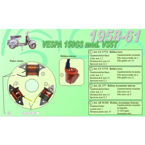 Kit completo con 3 bobinas Ceab para la restauración y revisión del estator del volante de inercia de la VESPA 150 GS VS5T de 1958 a 1961.