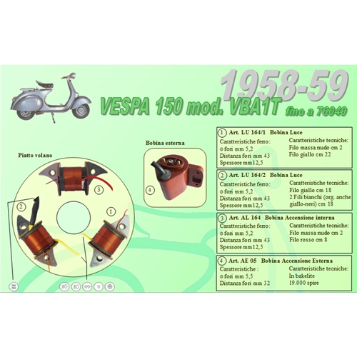 Complete kit with 3 Ceab coils for the restoration and overhaul of the flywheel stator for VESPA 150 VBA1T up to frame number 76049 from 1958 to 1959